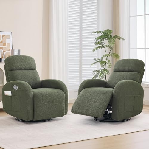 AEMEIOS Nursery Glider Recliner, Boucle Nursery Rocking Chair Recliner, Manual Nursery Glider Recliner with Double Pockets and Lumbar Support for Adult, Teddy Green