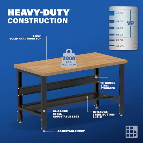 Borroughs® 60" Adjustable Workbench, Hardwood Top Heavy-Duty Workstation with Bottom Shelf, 2000 LBS Load Capacity Worktable for Workshop, Garage, Borroughs