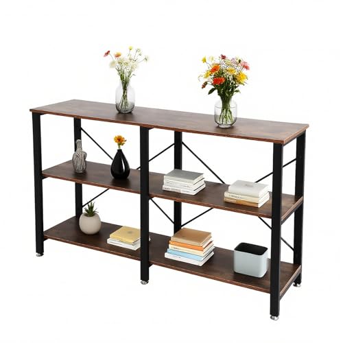 FAHKNS 55 Inch Console Table, Industrial Sofa Tables with 3-Tier Storage Shelves for Home Living Room Hallway Entryway,TV Stand with Metal Frame,Vintage Brown FAHKNS