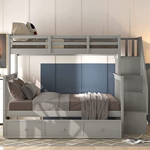MERITLINE Grey Twin Over Full Bunk Bed with Stairs, Storage Drawers, and Safety Features MERITLINE