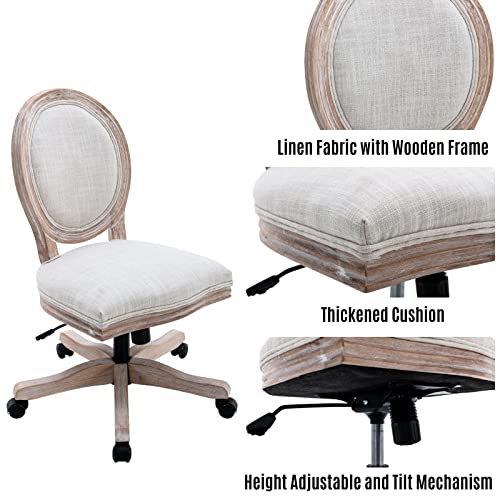 LukeAlon Vintage Linen Office Chair, Adjustable Height Swivel Task Chair with Wood Frame Armless Desk Chair with Wheels Upholstered Round Back Vanity Chair for Home Office Study Room, Beige LukeAlon
