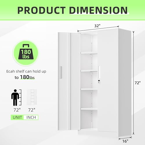 Crownland 72" Metal Office Storage Locking Cabinet, Lockable Garage Storage Cabinets, High Office Storage Cabinet with Adjustable Shelves for Garage(White) Crownland