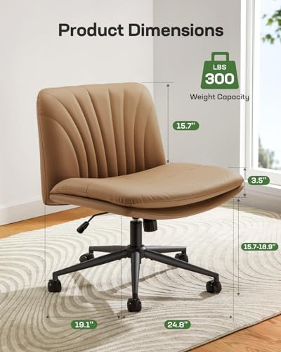 Marsail Armless-Office Desk Chair with Wheels: PU Leather Cross Legged Wide Chair,Comfortable Adjustable Swivel Computer Task Chairs for Home,Office,Make Up,Small Space,Bed Room, Brown Marsail