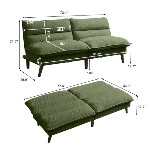 Enobala Convertible Futon Sofa Bed, Modern Folding Futon Couch with 3-Level Adjustable Backrest, Sleeper Loveseat Sofa Recliner Couch for Living Room Apartment, Green Enobala