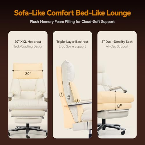 OKUP® M76 Recline Office Chair with Footrest, 160° Infinite Reclining 10" Thick Executive Desk Chair, 420lb Heavy Duty Big and Tall, Adjustable Seat Depth, Cream OKUP