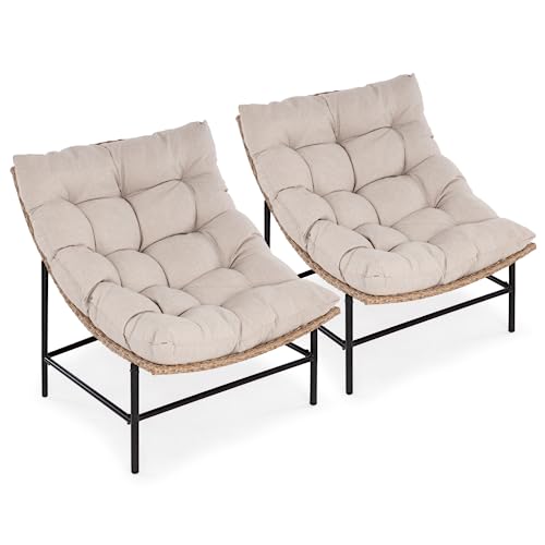 Idzo Caline Large Rattan Outdoor Papasan Chair Set of 2, Olefin Thick Cushion, Upgraded 2000Hrs UV Resistant Wicker, 500lbs Capacity Patio Scoop Design IDZO