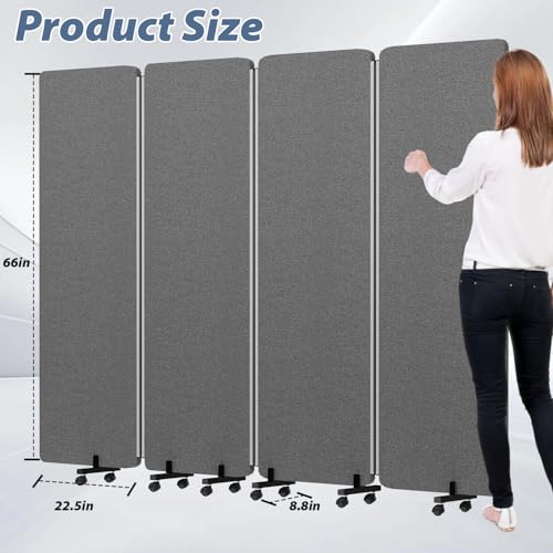 Room Divider Privacy Soundproof Panel with Wheels, 4 Panel Wall Divider (Aluminum Frame) for Room Partition, Folding Room Dividers Space Separation Office Cubicle Wall Sound Proof Partition Divider HOMSCREENER