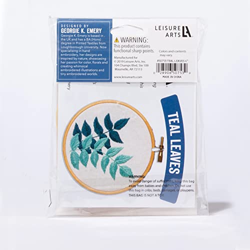 Leisure Arts Embroidery Kit 4" Teal Leaves - cross stitch kits for beginners - embroidery kit for beginners - embroidery kits for adults - embroidery kits for adults