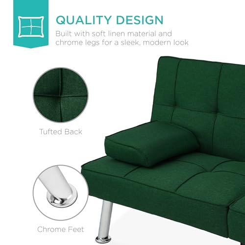 Best Choice Products Linen Modern Folding Futon, Reclining Sofa Bed for Apartment, Dorm w/Removable Armrests, 2 Cupholders - Dark Green Best Choice Products