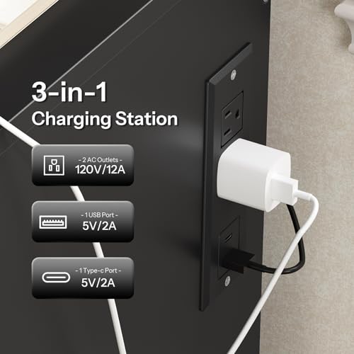 HOOBRO Nightstand with Charging Station, LED Bedside Table with Drawers, Lockable Hidden Compartment, Modern End Table, Night Stand for Bedroom, 2 AC Outlets, USB-A Port and Type-C, Black BB144UDBZ01 HOOBRO