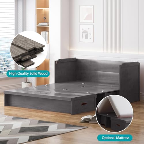 BALUS Murphy Bed, Cabinet Bed Queen with Tri-Folding Memory Foam Mattress & USB Charging Station, Farmhouse Murphy Beds Cabinet with Large Storage Drawers for Home/Guest Room/Bedroom, Gray