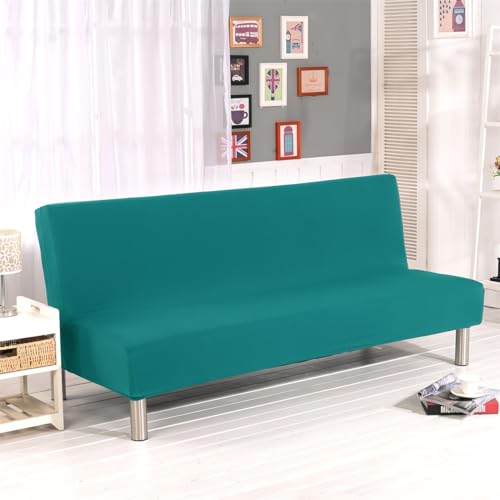Homonic Solid Colour Armless Sofa Bed Cover Polyester Spandex Stretch Futon Slipcover 3 Seater Elastic Full Folding Couch Cover fits Folding Sofa Bed Without Armrests 80" x 50" in (Peacock Blue) Homonic