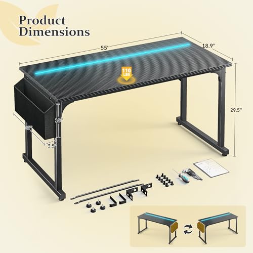 DurayLoly 55 Inch Gaming Desk with LED Lights,Computer Desk with Storage Bag for Home Office, Simple Office Desk with Headphone Hook for Study Writing Work Desk,Sturdy Metal Frame,Black DurayLoly