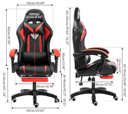 HOFFREE RGB Gaming Chair with Speakers Massage Computer Gaming Chair with LED Lights and Footrest High Back Video Game Chair for Adults Red and Black HOFFREE