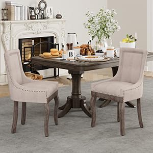 Aoowow Fabric Vintage Upholstered Side Chairs Set of 6, Farmhouse Solid Wood Kitchen Dining Room Chairs with Nailheads Legs (Fabric Beige) Aoowow