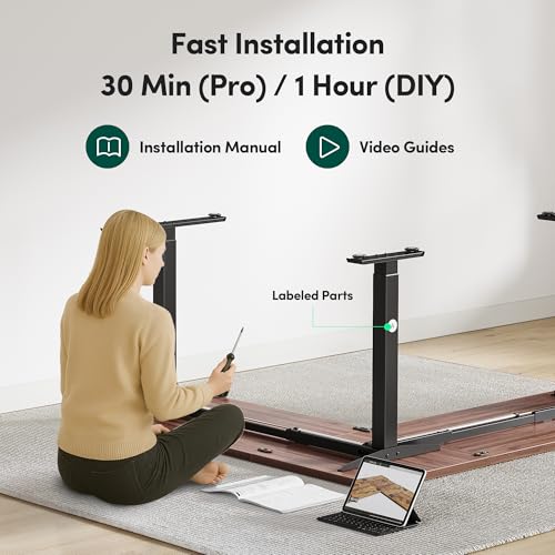 FEZIBO 63" x 55"L Shaped Standing Desk Adjustable Height, 63 Inch Electric Stand up Corner Computer Desk, Sit Stand Home Office Desk with Splice Board, Black Frame/Black Walnut Top FEZIBO