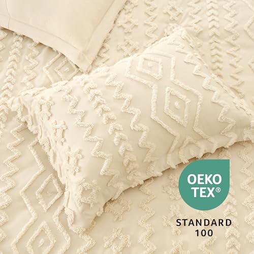 Amélie Home Boho Comforter Set, 3 Piece Bedding Set with 2 Pillow Cases, Soft Microfiber Comforter with Hollow Fiber Fill, Lightweight All-Season Comforter for Farmhouse & Modern Bedroom, Queen, Beige Amélie Home