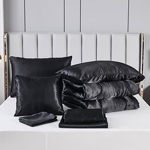 Bedding_Dreamer Black Silky Comforter Set Satin King Bed in a Bag 8 Pieces Luxury Hotel Silky Bedding with 1 Comforter, 1 Flat Sheet, 1 Fitted Sheet, 4 Pillowcases, 1 Cushion Cover (King, Black) Bedding_Dreamer