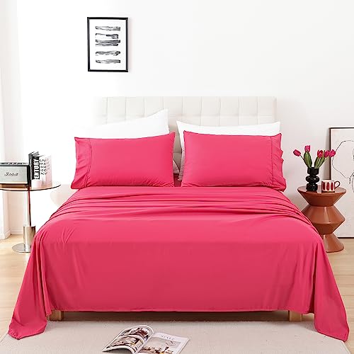 Whitney Home Textile Twin Sheet Set - 3 Piece Bed Sheets for Twin Size Bed, Luxury Soft Breathable Microfiber, Extra Deep Pocket, Bedding Sheets & Pillowcase, Wrinkle Free Oeko-Tex, Magenta Whitney Home Textile