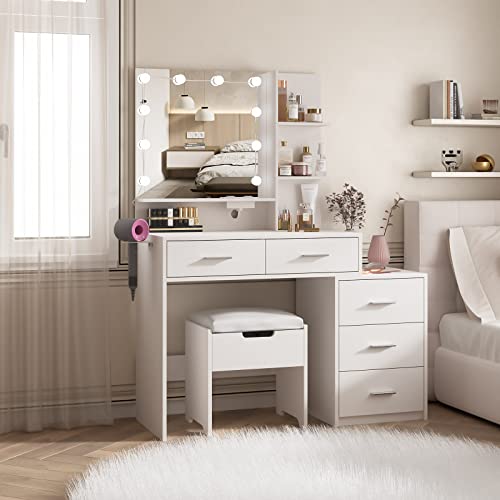 Maupvit Vanity Desk with Mirror and 10 LED Bulbs, Makeup Vanity Set with Charging Station & Nightstand, 5 Drawers Large Capacity, 2 Open Shelves, Dressing Table with Storage Stool for Bedroom, White Maupvit