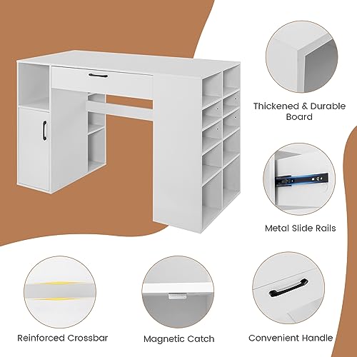 COSTWAY 36” Counter Height Sewing Table, 53 Inch Artwork Craft Table with 14 Open Compartments, 3-Position Adjustable Shelf, 1 Drawer & Cabinet, Project Center Desk Drafting Sewing Workstation, White COSTWAY