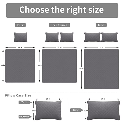 Easy-Going Full/Queen Size Reversible Quilt Set with 1 Quilt and 2 Pillow Shams, Soft Bed Quilt Cover, Lightweight Microfiber Bedspread, Water and Stain Resistant, Gray/Light Gray Easy-Going