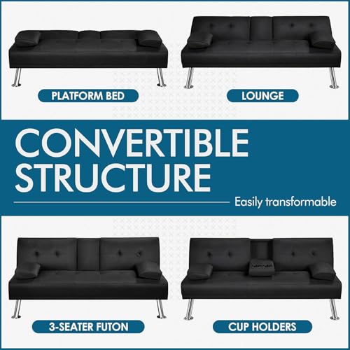 anwickjeff Convertible Folding Futon Sofa Bed with Metal Legs & 2 Cupholders, Modern New Upholstered Couch Loveseat Sleeper, Folding Couches Bed, Removable Armrests for Small Spaces (Black) anwickjeff