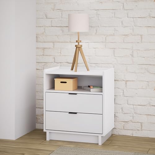 Prepac Simply Modern Nightstand Bedside Table, White Nightstand for Bedroom, End Table with 2 Drawers and Open Shelf 23.75" W x 26.75" H x 16" D Prepac