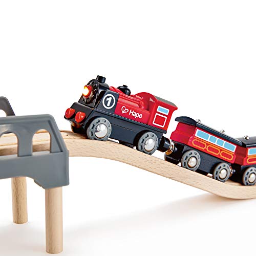 Hape Wooden Railway Battery Powered Engine No. 1 Kid's Train Set Red, White, Black, Blue, L: 3.7, W: 1.3, H: 1.9 inch Hape