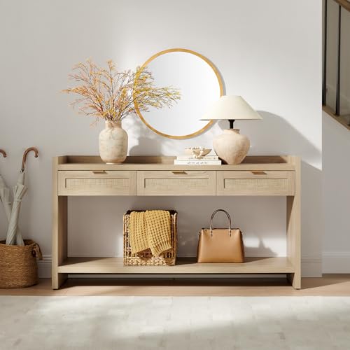 SICOTAS Rattan Console Table for Entryway - Large Boho TV Console Table Entry Table with 3 Storage Drawers, 60" Long Sofa Table Behind Couch for Living Room, Hallway, Foyer SICOTAS