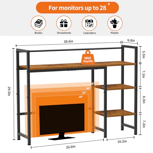 Snughome Desk Shelf, 38.6" Desktop Organizer Shelf, Desk Hutch for Computer Monitor, 4 Tier Desk Display Rack, Wood Desktop Bookshelf Storage Rack for Home Office Dorm, Rustic Brown Snughome