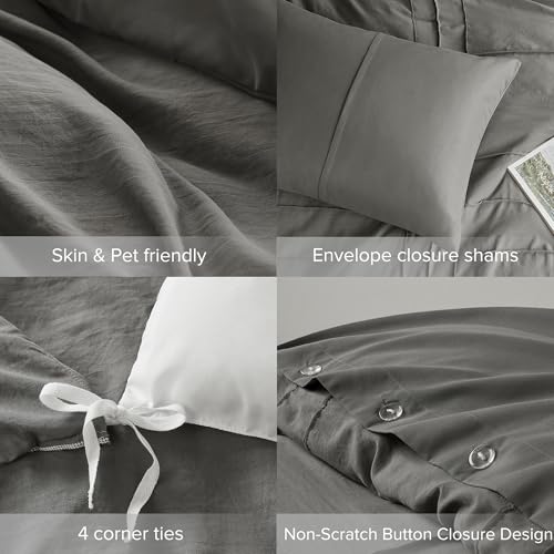 Comfort Spaces Grey Twin Size Duvet Cover Set - 2 Pieces Pintuck Pleated Duvet Cover All Season Lightweight, Extra Softness Pre-Washed Microfiber Twin Bedding Cover Shams, Twin/Twin XL Comfort Spaces