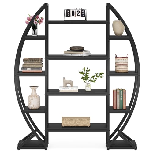 LITTLE TREE Half-Moon Shaped Bookshelf, Oval Triple Wide 5 Tiers Etagere Bookcases, Industrial Display Shelves for Living Room LITTLE TREE