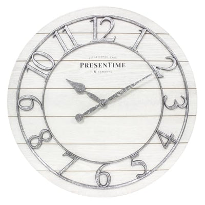 Presentime & Co Classic Farmhouse Shiplap Clock, 19.5 inch, Galvanized Finish Arabic Numerals with White Shiplap Style. Large Farmhouse Decor for Living Room, Entryway, Home Office. Wall Décor