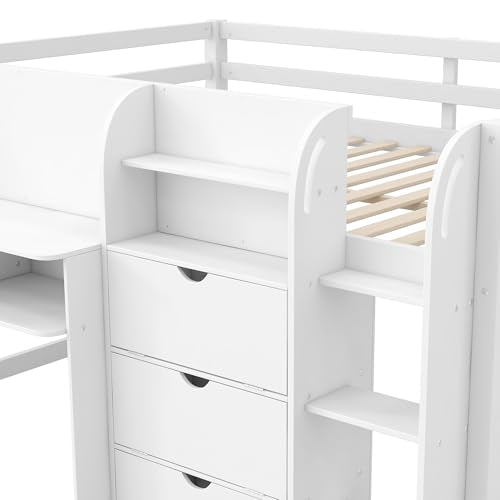 LUMISOL Full Size Low Loft Bed with Built-in Desk and Open Bookcase, Multiple Functions Wooden Loft Bed Frame with Storage for Teens Boys Girls, White LUMISOL