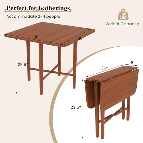 COSTWAY Square Drop Leaf Dining Table, 36" Compact Folding Kitchen Table for 2-4 People with Solid Rubber Wood Legs, Farmhouse Extendable Table for Dining Room, Small Space, Apartment, Walnut COSTWAY