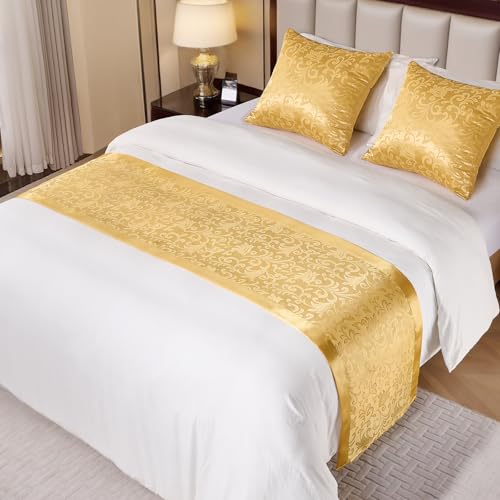Cobedzy Gold Satin Bed Runner for King Size Beds(1.8m), 50 x 240cm(20" x 94") Jacquard Bed Scarf Satin Bedding Scarves for Hotel, Home, Guesthouse Cobedzy