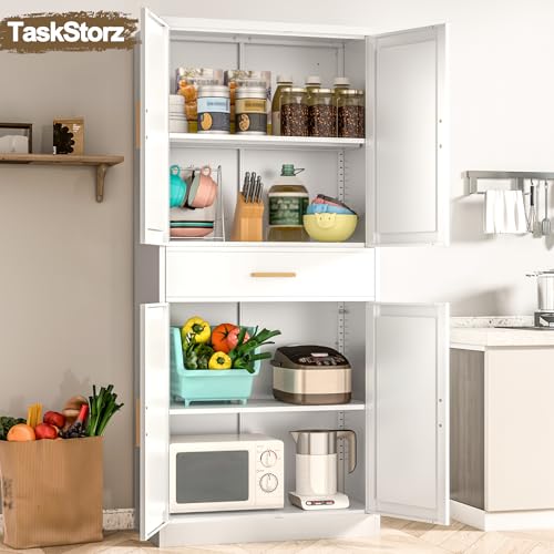 TaskStorz 71" Tall Kitchen Pantry Cabinet, Metal Kitchen Pantry Storage Cabinet with Drawer and 2 Adjustable Shelves, Freestanding Pantry Cupboard for Living, Dining Room, White TaskStorz