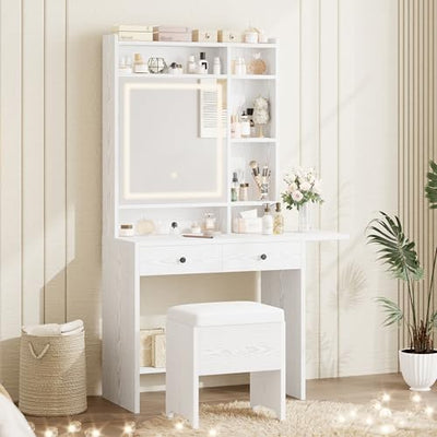 IRONCK Vanity Desk with Mirror and LED Lights, Jewelry Cabinet, Makeup Dressing Table Set with Drawers, Storage Shelves, for Bedroom, 65.3 H White