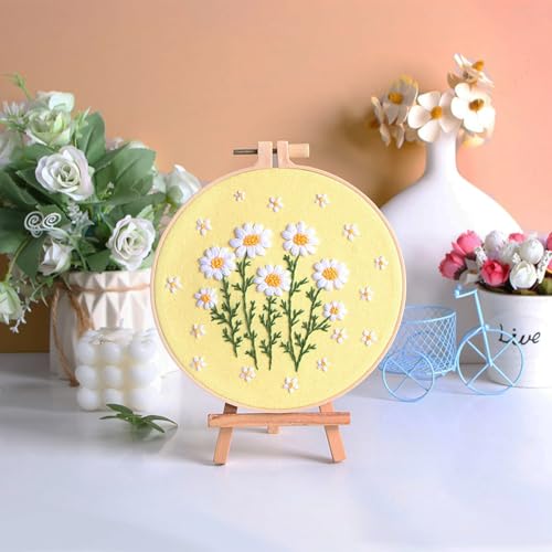 Louise Maelys Daisy Flower Beginners Embroidery Kits,Cross Stitch Kit for Adults,DIY Needlepoint with Floral Pattern,Including Hoop,Threads and Instruction