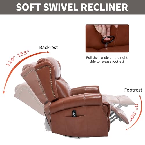 PELUMY Genuine Leather Swivel Rocking Recliner Chair for Adults, 360° Swivel Glider Rocker with Heat & Vibrating Massage, Lounge Chair for Living Room, Bedroom, Nursery (Tangerine-Red Brown)