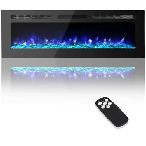Takywep Electric Fireplace, 60 Inches, 5120 BTU Heat Output, 12 Flame Color, Black, Wall-Mounted or Recessed, Timer, Quiet Operation, Multicolor Flame, Faux Logs, Crystal Stones Takywep