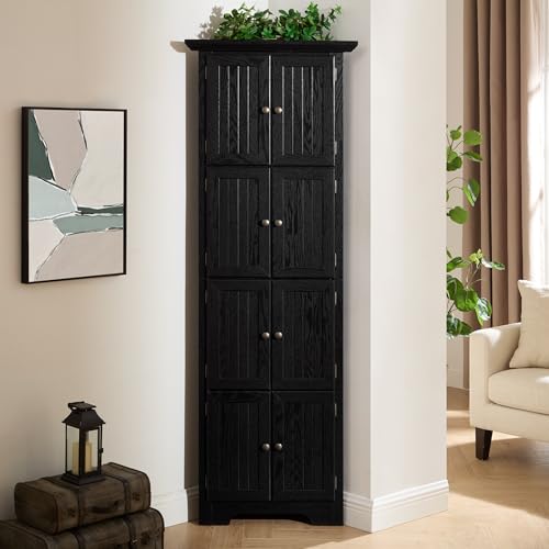 EMOBACO 72" Tall Corner Cabinet, 4-Tier Kitchen Pantry Storage Cabinet with 8 Doors and Adjustable Shelves, Home Farmhouse Bookshelf for Office Bathroom, Living Room, Black EMOBACO