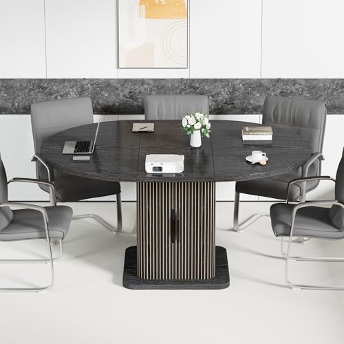Extendable Black Round Conference Table for 4-8 People, 43in-59in Modern Oval Meeting Room Table with Storage, Fluted Wood Slide Doors, Small Compact, Office, Training, Conference Room Jluomei