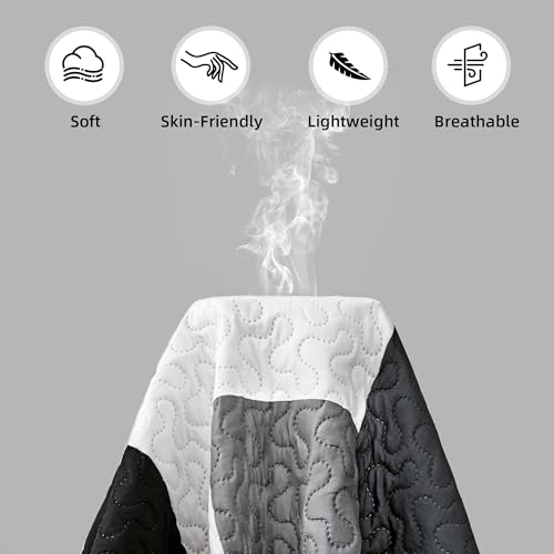 Tyrot 3 Piece Black Grey Quilt Set Full/Queen Size Black White Geometric Reversible Bedding Set Microfiber Lightweight Bedspread Coverlet with 2 Shams Modern Bed Covers for All Season, 90''x96'' Tyrot