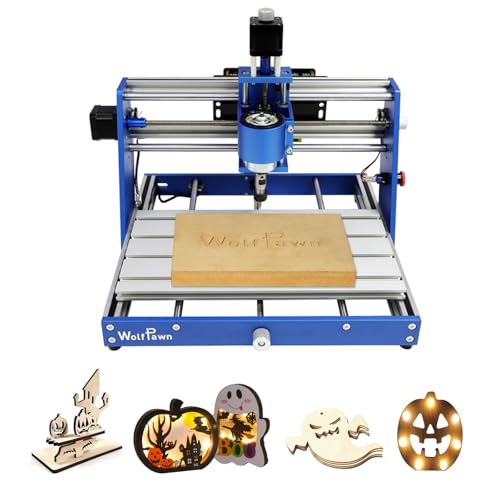 WolfPawn CNC Router Machine 3018 Blue All-Metal for Beginner with Emergency-Stop 3 Axis GRBL Control Engraving Machine Milling Carving for Wood Acrylic MDF PVC Plastic, 300X180X60mm (775Motor) WolfPawn