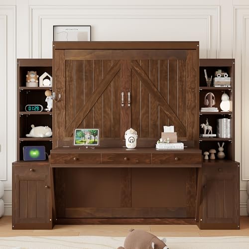 XD Designs Farmhouse Wall Murphy Bed Queen Size with Desk & Drawers, Can be Folded Solid Wood Murphy Cabinet Bedframe with Cabinets & Bookshelf, Space-Saving Design (Espresso-K18) XD Designs