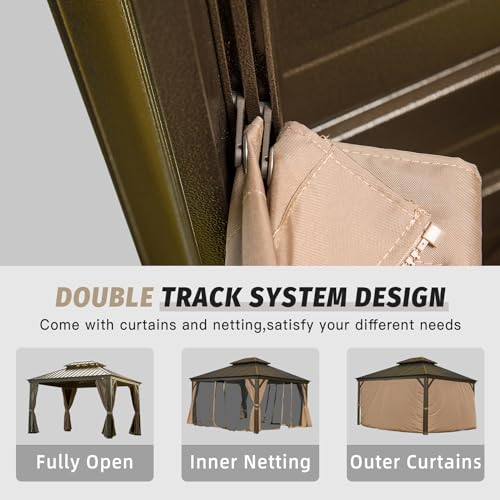 Domi Hardtop Gazebo 10x12FT, Outdoor Gazebo with Galvanized Steel Double Roof, Aluminum Frame, Built-in Gutter System, Curtain and Netting, Metal Gazebo Pavilion for Patio Deck Garden, Brown domi outdoor living