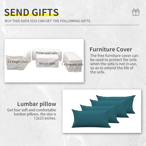 Lviden 5 Piece Wicker Patio Furniture Sets Outdoor Conversation Set, PE Rattan Sectional Sofa Couch with 45" Fire Pit Table and Non-slip Peacock Blue Cushions, Furniture Covers included Lviden