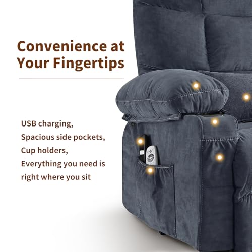 PoteSoar Power Lift Recliner Chair for Elderly with Massage and Heat, Comfortable Electric Power Reclining Chair with Side Pockets,2 Cup Holders and USB Charging Port for Living Room (Blue)